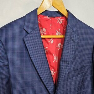 David August Couture Blazer Mens 40L Plaid Gingham Check Blue Red Black Coat